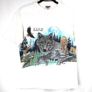Zion National Park Vtg 1991 San Siegal Wolf Cougar Single Stitch Wrap Around Tee